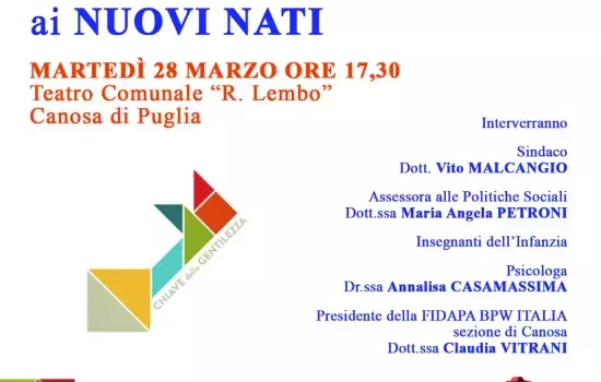 Simbolo di questa ricorrenza la “Chiave della Gentilezza della Città”, attraverso la quale i nuovi nati verranno simbolicamente accolti nella comunità canosina.