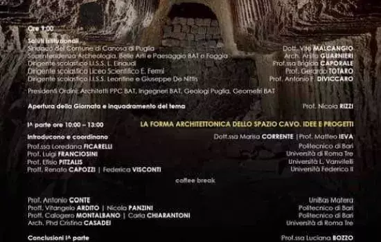 L’Ente, coadiuvato nell’organizzazione dal supporto del prof. Matteo Ieva, ha inteso quindi dare vita ad un convegno riguardante le cave ipogee di calcarenite pressochè esclusive per la sua enorme portata nella città ofantina.