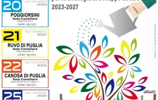 L’incontro in oggetto rientra fra gli incontri organizzati nei 6 Comuni aderenti al Gal Murgia Più: Minervino Murge, Gravina di Puglia, Poggiorsini, Ruvo di Puglia, Canosa di Puglia e Spinazzola.