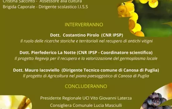 RICERCA STORICA, RECUPERO DEL GERMOPLASMA E PROSPETTIVE DI VALORIZZAZIONE DI ANTICHE COLTIVAZIONI LOCALI A CANOSA DI PUGLIA. Convegno il 20 maggio  in Aula Consiliare