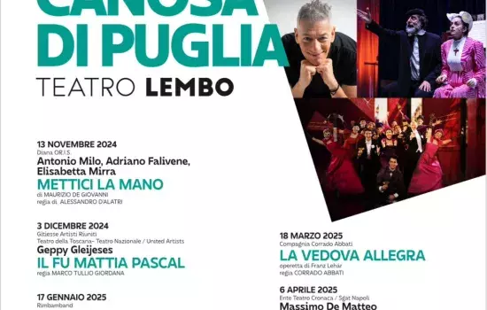 La stagione teatrale si completa con cinque appuntamenti matinèe per le scuole della rassegna “La scena dei ragazzi” che porteranno altrettante compagnie pugliesi sul palco del Teatro Lembo ad esibirsi per i bambini