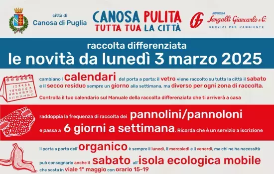 Ulteriori novità saranno ben dettagliate in un manuale che verrà distribuito nelle cassette postali nei giorni precedenti all’avvio dei nuovi servizi, contenente le informazioni sulla raccolta differenziata e i relativi calendari di tutte le zone