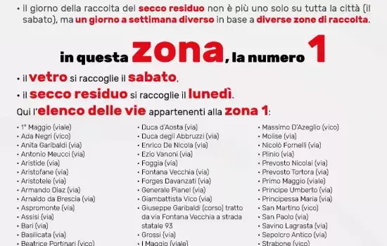 In allegato i calendari settimanali di raccolta e lo stradario di riferimento